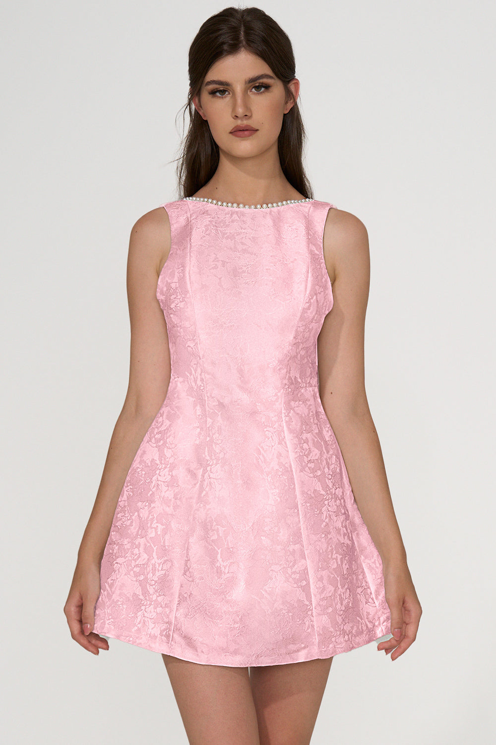 Jacquard Round Neckline Bead Embellished Bow Backless Mini Dress