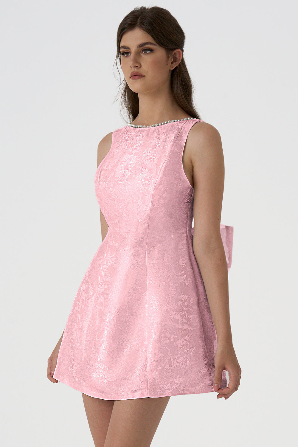 Jacquard Round Neckline Bead Embellished Bow Backless Mini Dress