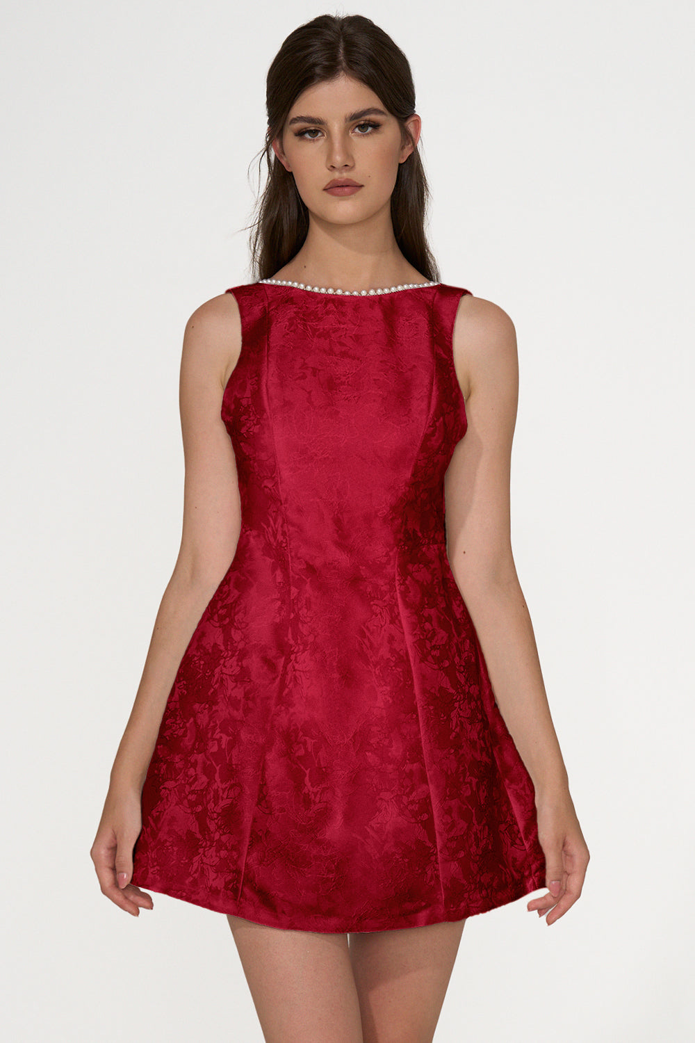 Jacquard Round Neckline Bead Embellished Bow Backless Mini Dress