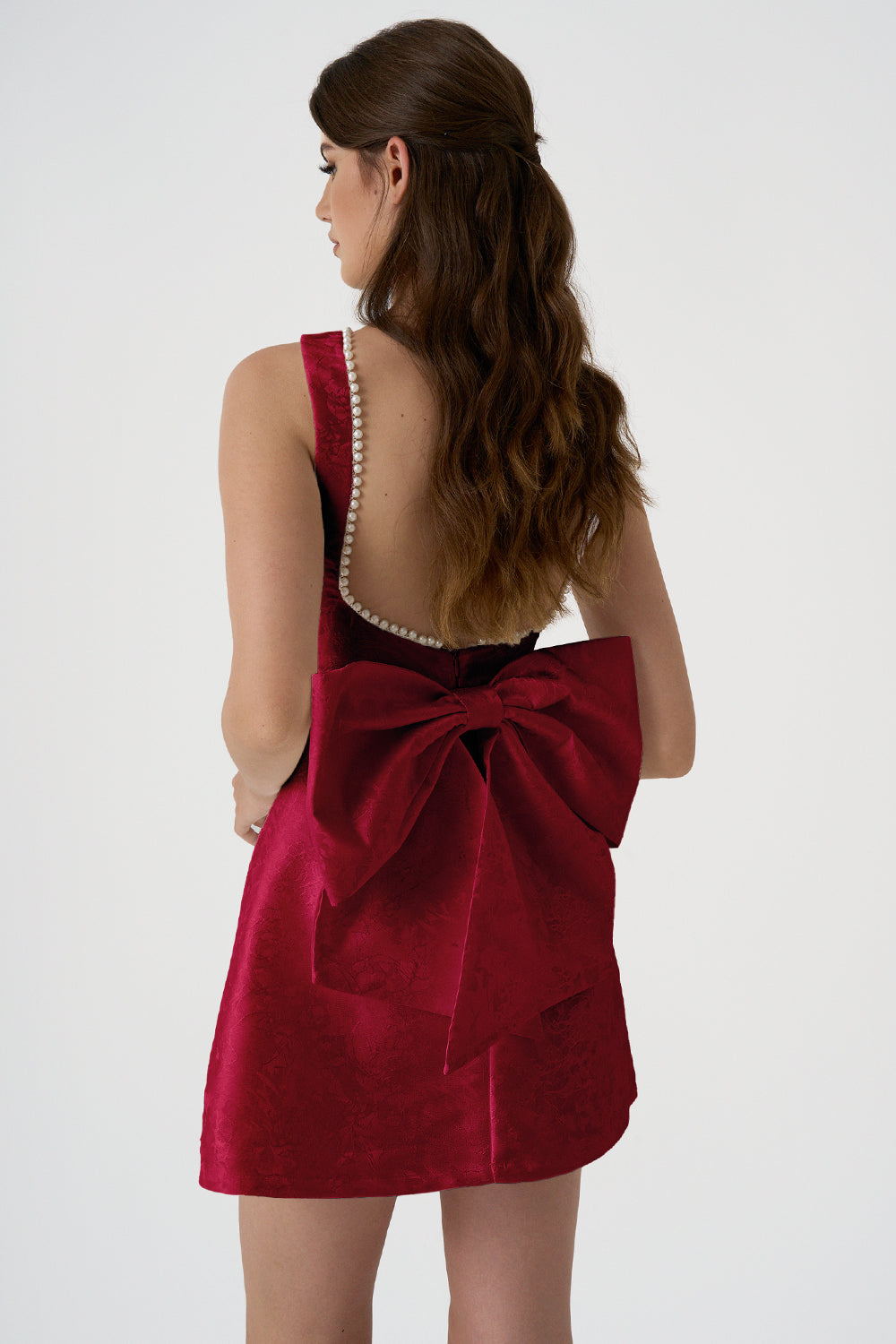 Jacquard Round Neckline Bead Embellished Bow Backless Mini Dress