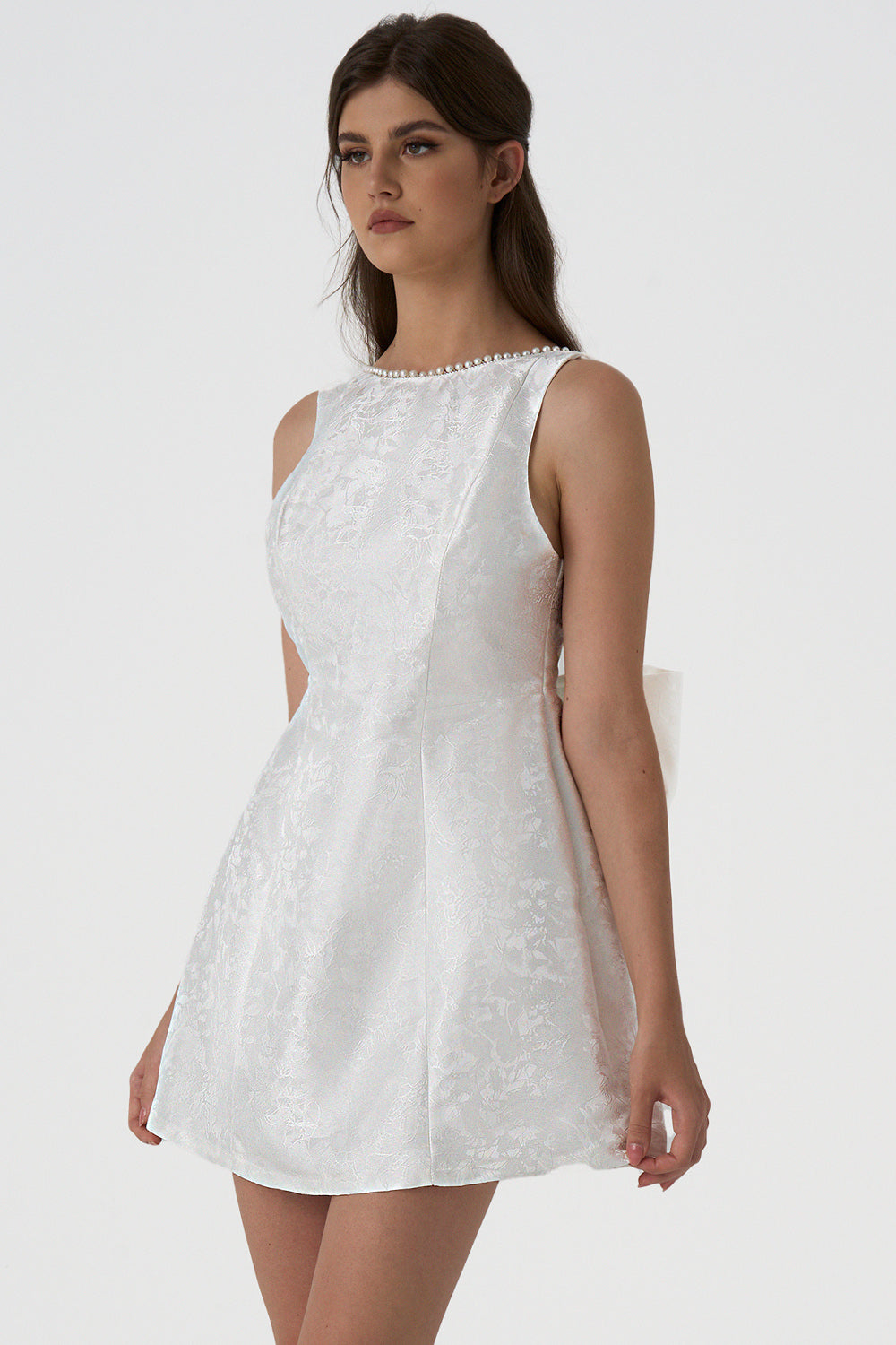 Jacquard Round Neckline Bead Embellished Bow Backless Mini Dress
