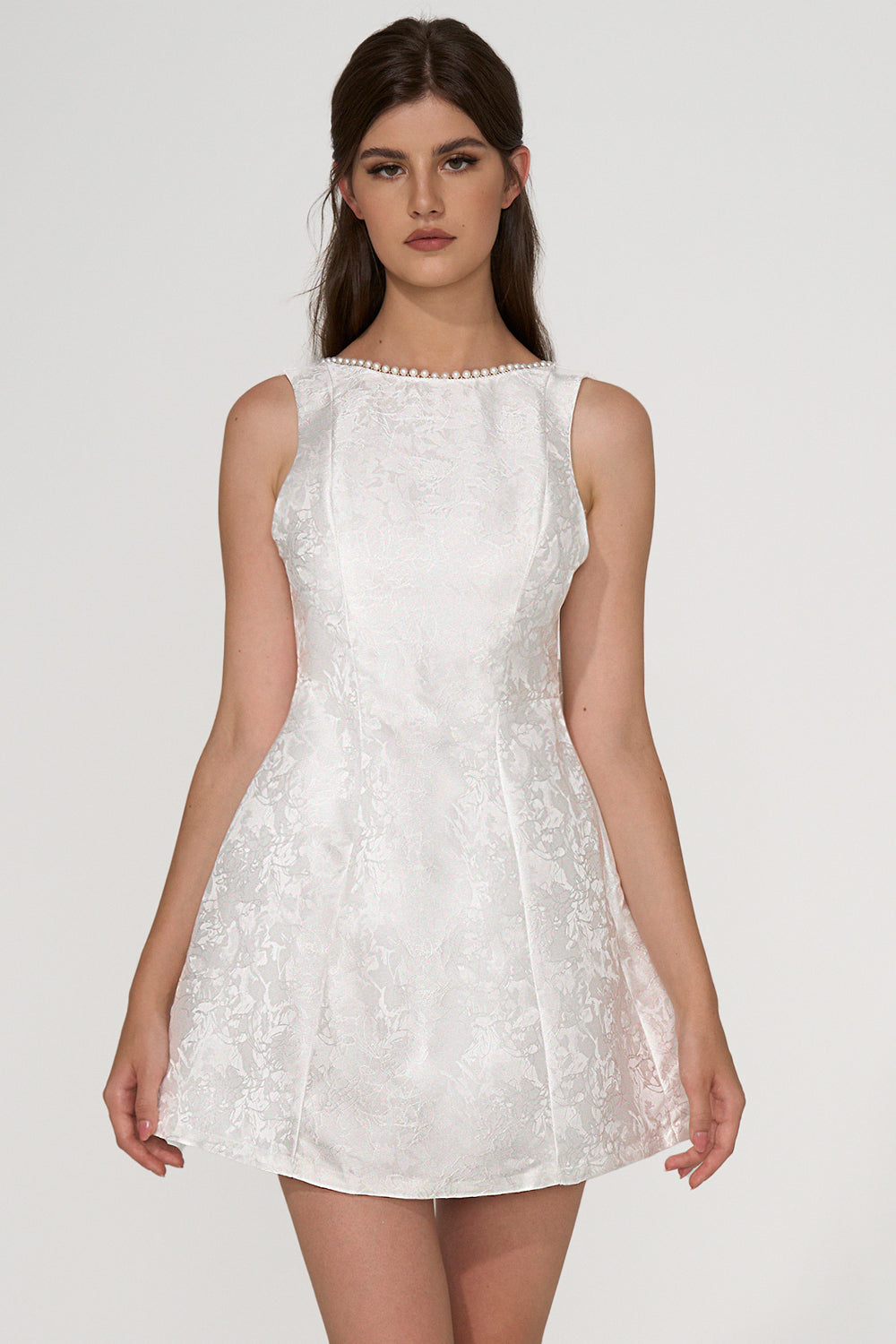Jacquard Round Neckline Bead Embellished Bow Backless Mini Dress